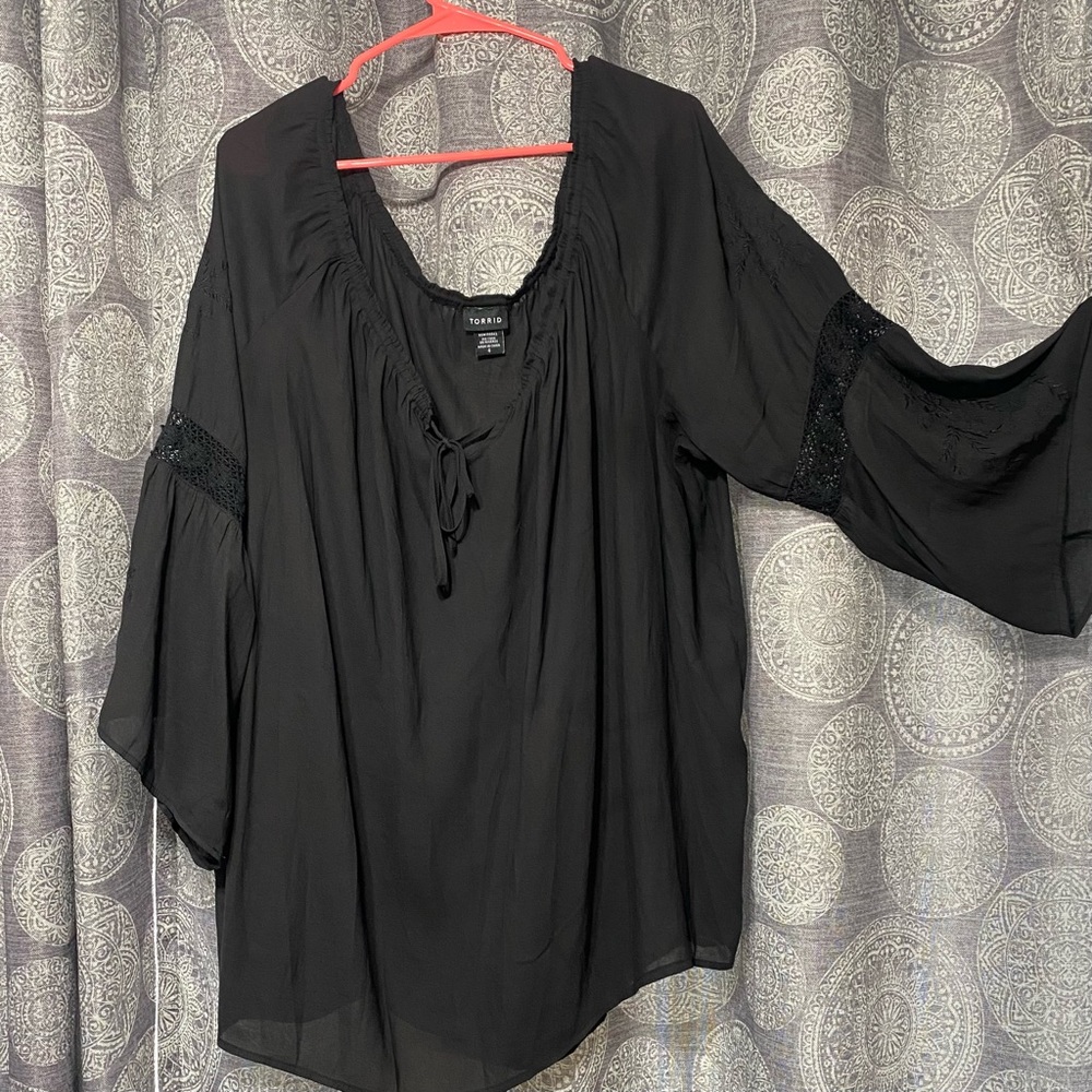 Torrid black gauze embroidered peasant top